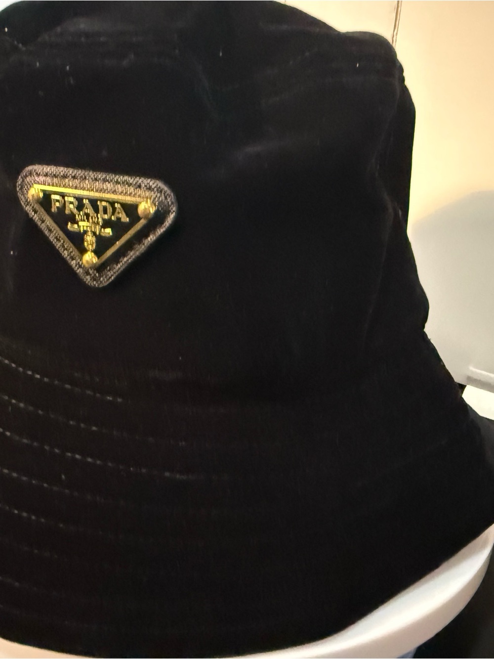 Prada Black Velvet Bucket Hat with Gold Triangle Logo Plaque